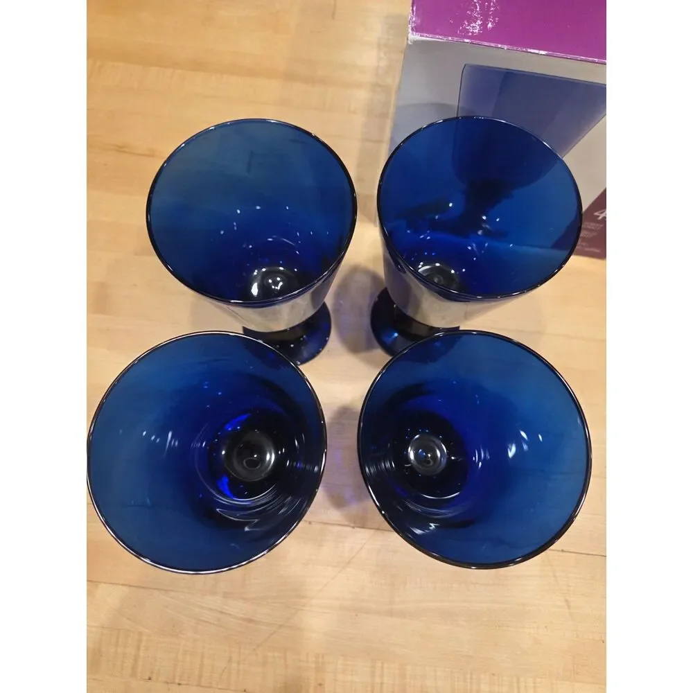 Vintage Libbey Vina Cobalt Blue Glass Goblets 15.5 oz Set of 4 With Box